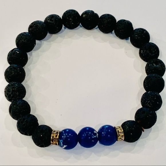 💐5/25 lava bead blue stone stretch bracelet - Picture 1 of 8